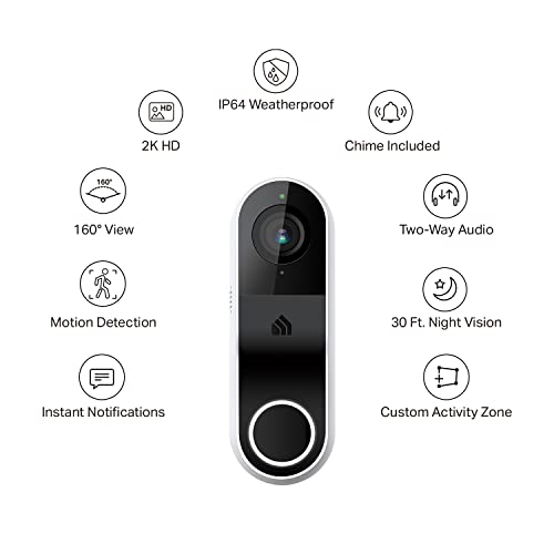 Smart Video Doorbell Camera Hardwired with Chime, 2K Resolution, Night Vision, 2-Way Audio N876397
