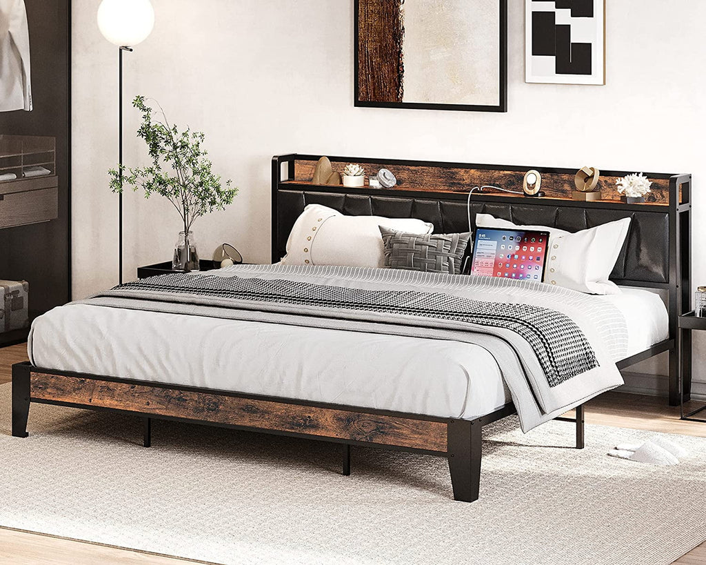 King Metal Bed Frame with Black Storage Headboard Y880221