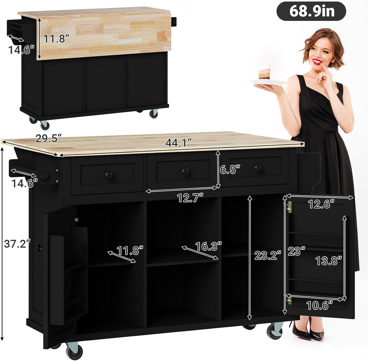 Black 53in Wood Rolling Kitchen Island with Drawer and Storage Cabinet C8478