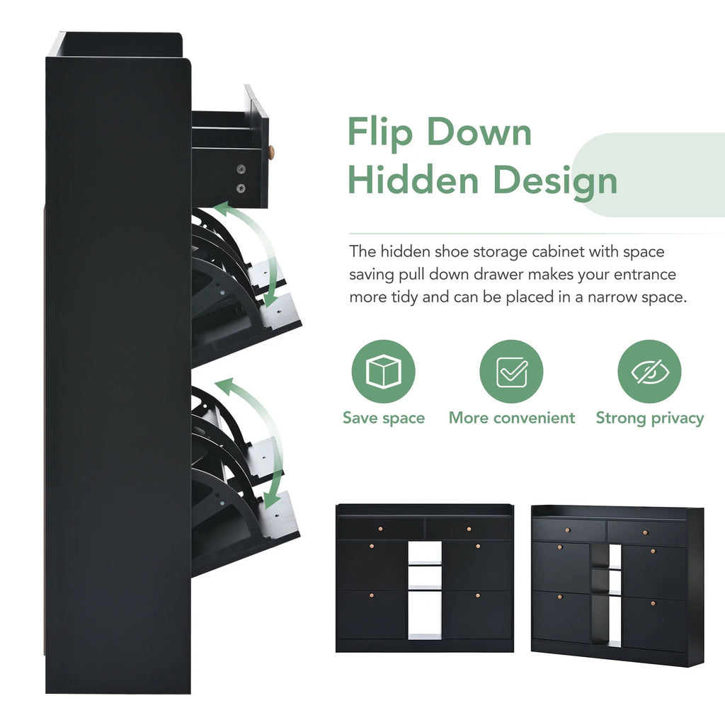 Black Shoe Storage Cabinet with 4 Flip Drawers L28028