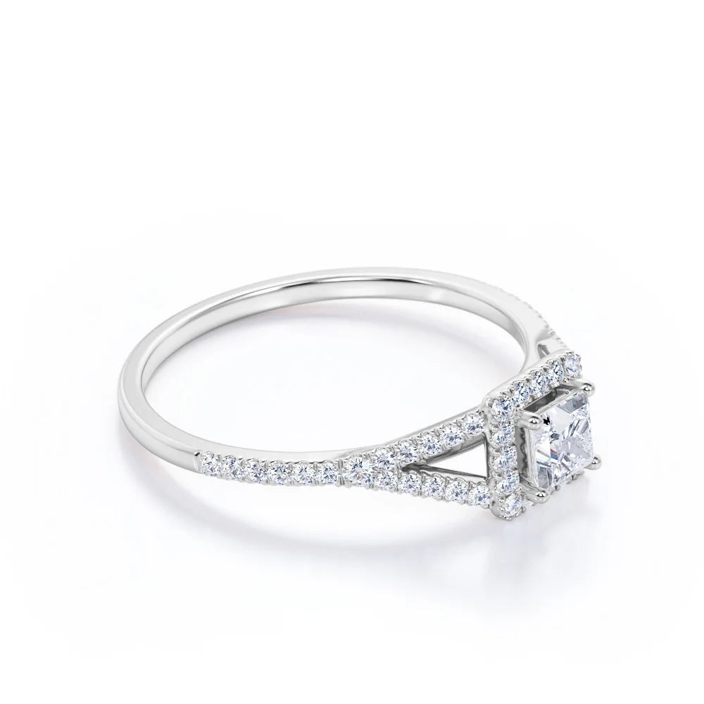 18K White Gold over Silver Princess Cut Diamond Halo Engagement Ring N2621