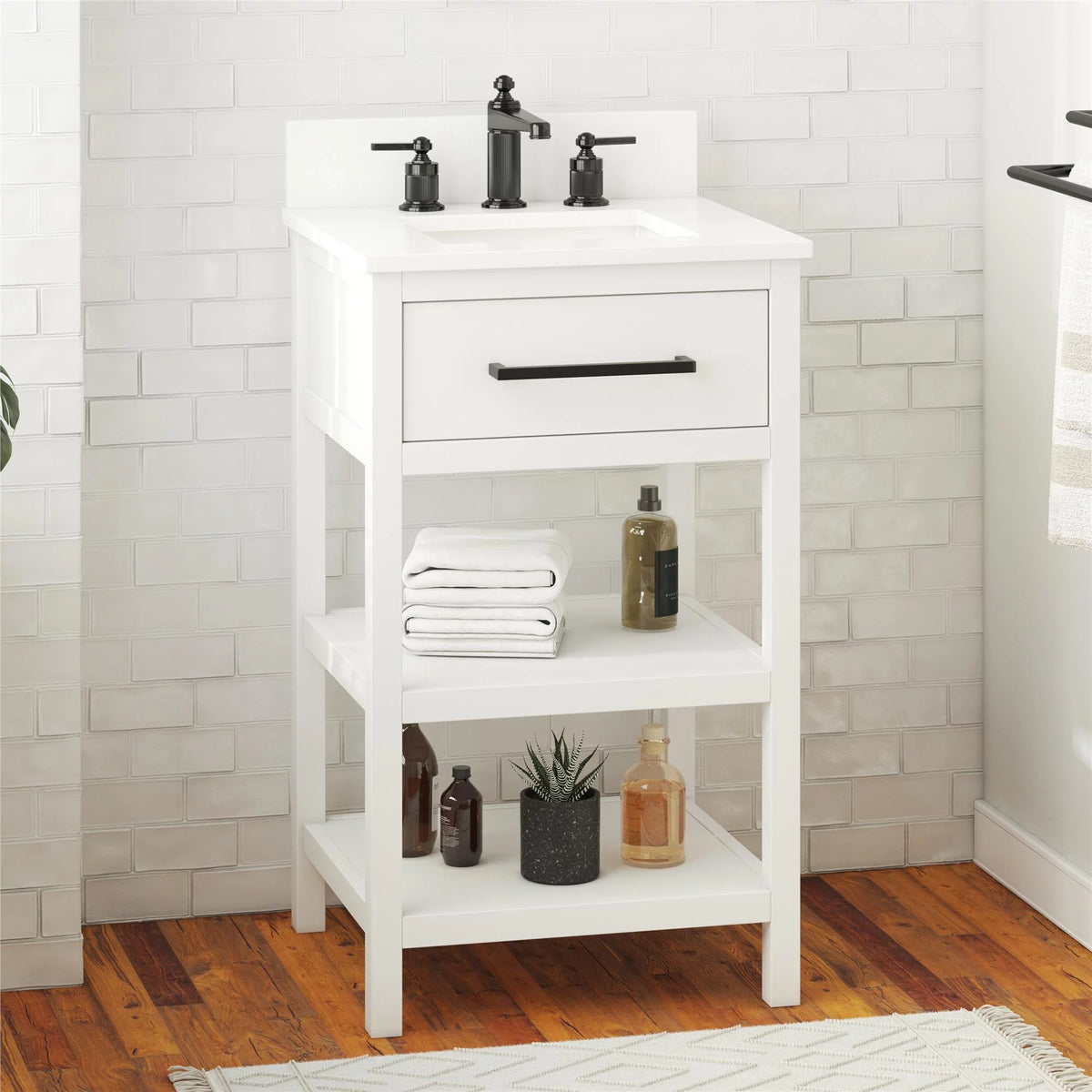 White 20 Inch Bathroom Vanity with Countertop and 2 Storage Shelves A682903