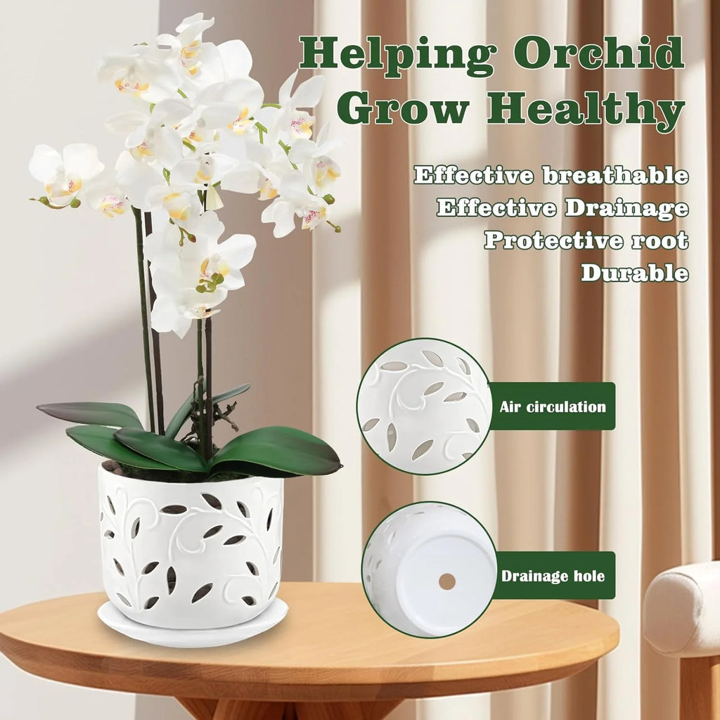 Set of 2 Ceramic Orchid Pots with Saucers, 5 inch & 6 inch G12102