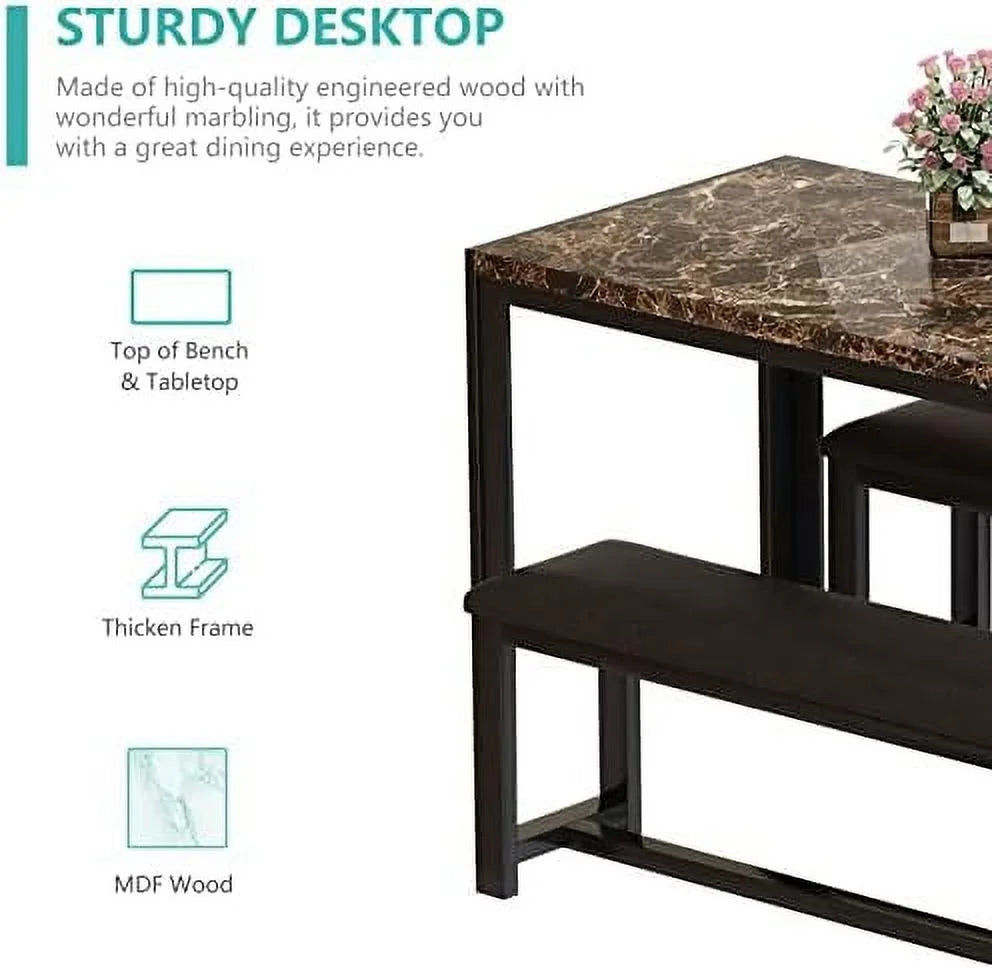 Dining Table Set for 4 with 2 PU Leather Upholstered Benches Q846