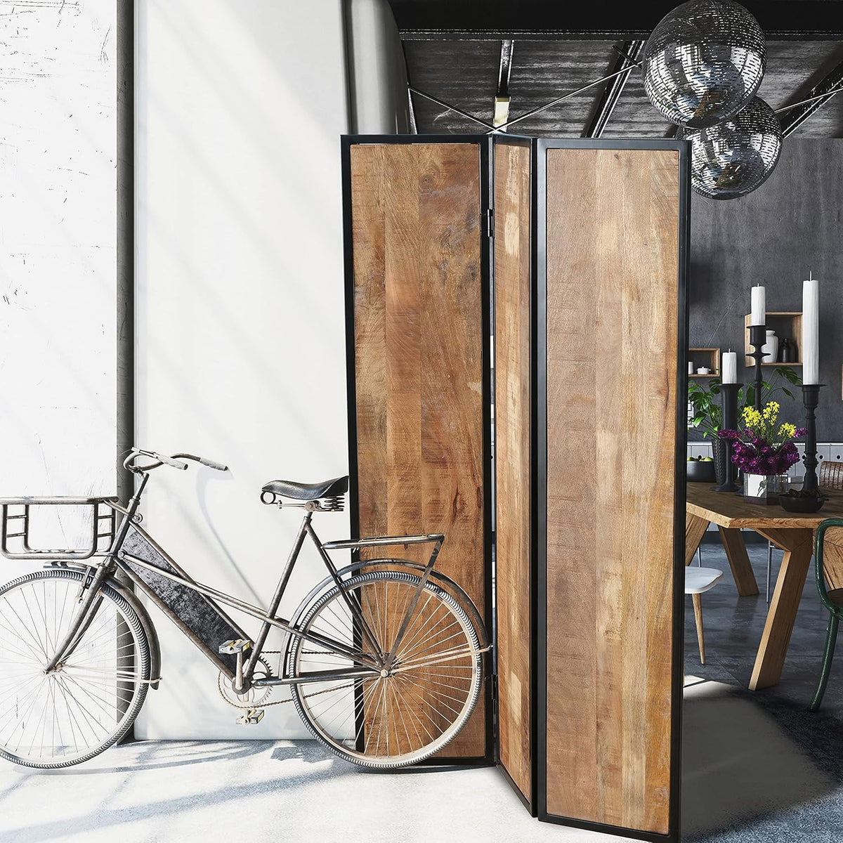 Iron Framed Mango Wood 3 Panel Room Divider P980