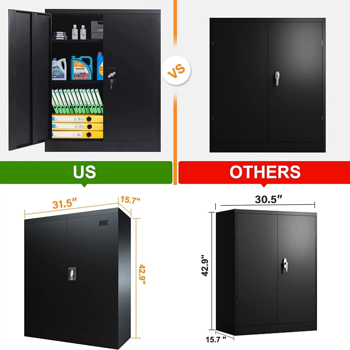 42-Inch Black Lockable Metal Storage Cabinet with Doors & 2 Adjustable Shelves L72496
