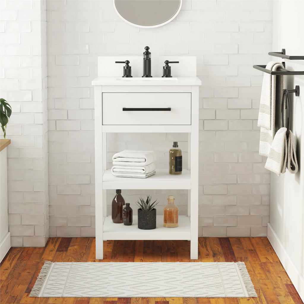 White 20 Inch Bathroom Vanity with Countertop and 2 Storage Shelves A682903