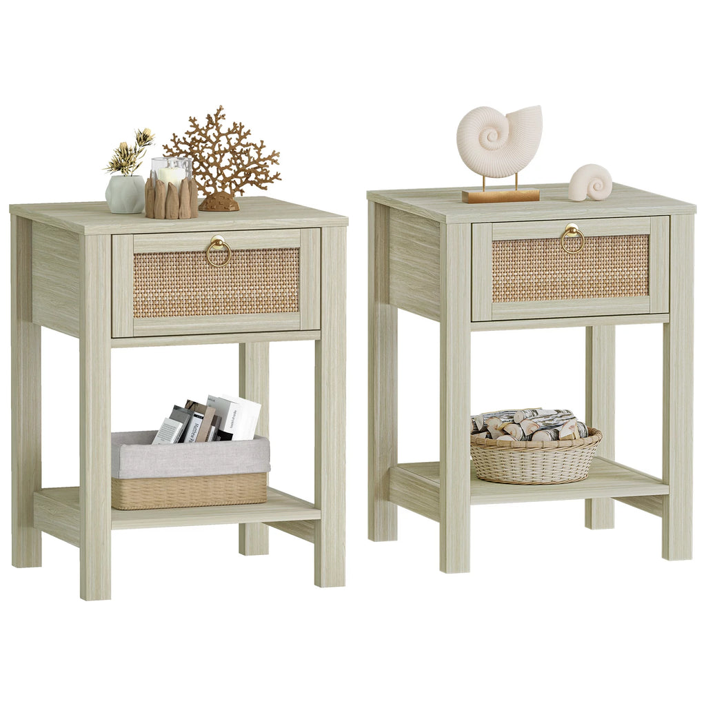 White Nightstand Set of 2 with Rattan Drawer and Open Storage Shelf I32611