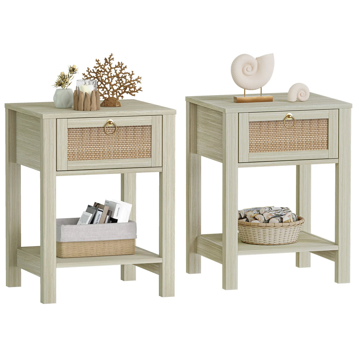 White Nightstand Set of 2 with Rattan Drawer and Open Storage Shelf I32611