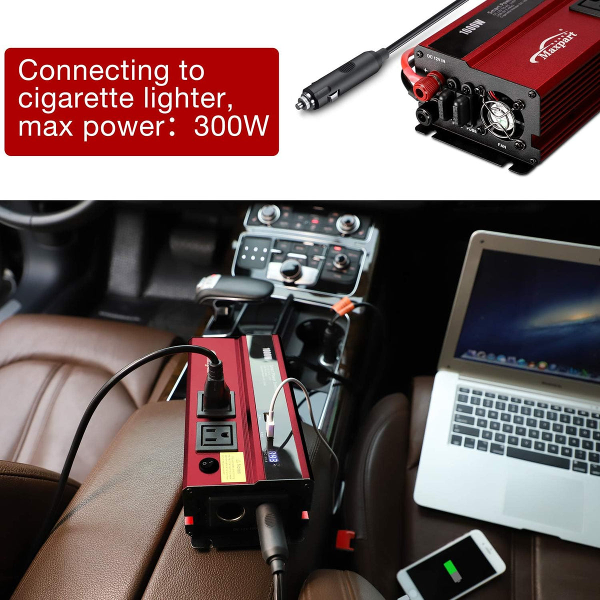 1000W Power Inverter 12v to 110v AC Dual AC Outlets 2.4A USB Pack of 2 T303