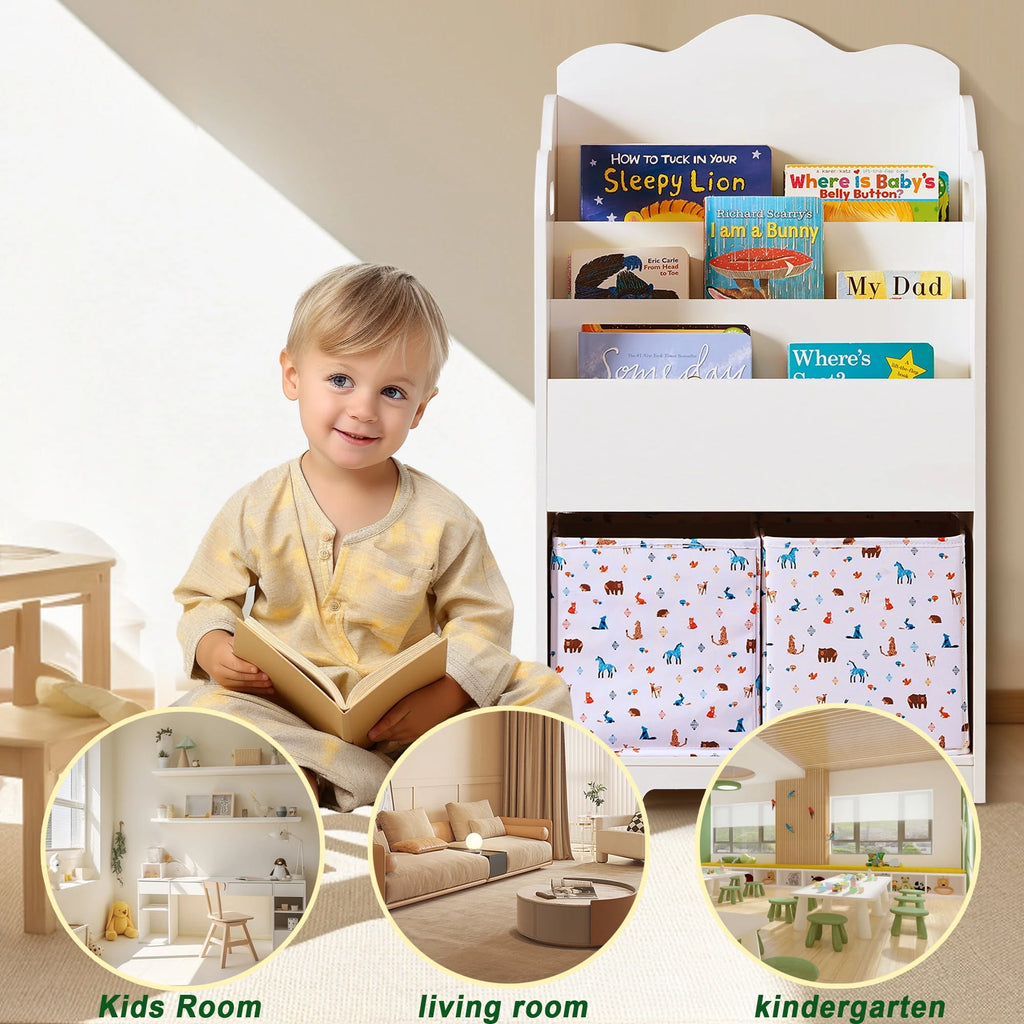 Pink Wood 4 Tier Kids Bookshelf with Toy Bin H822467