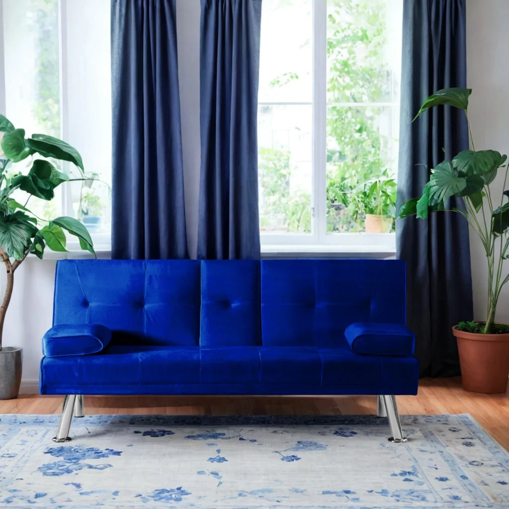 Blue Velvet Convertible Futon Sofa Bed with 2 Cup Holders Y5323