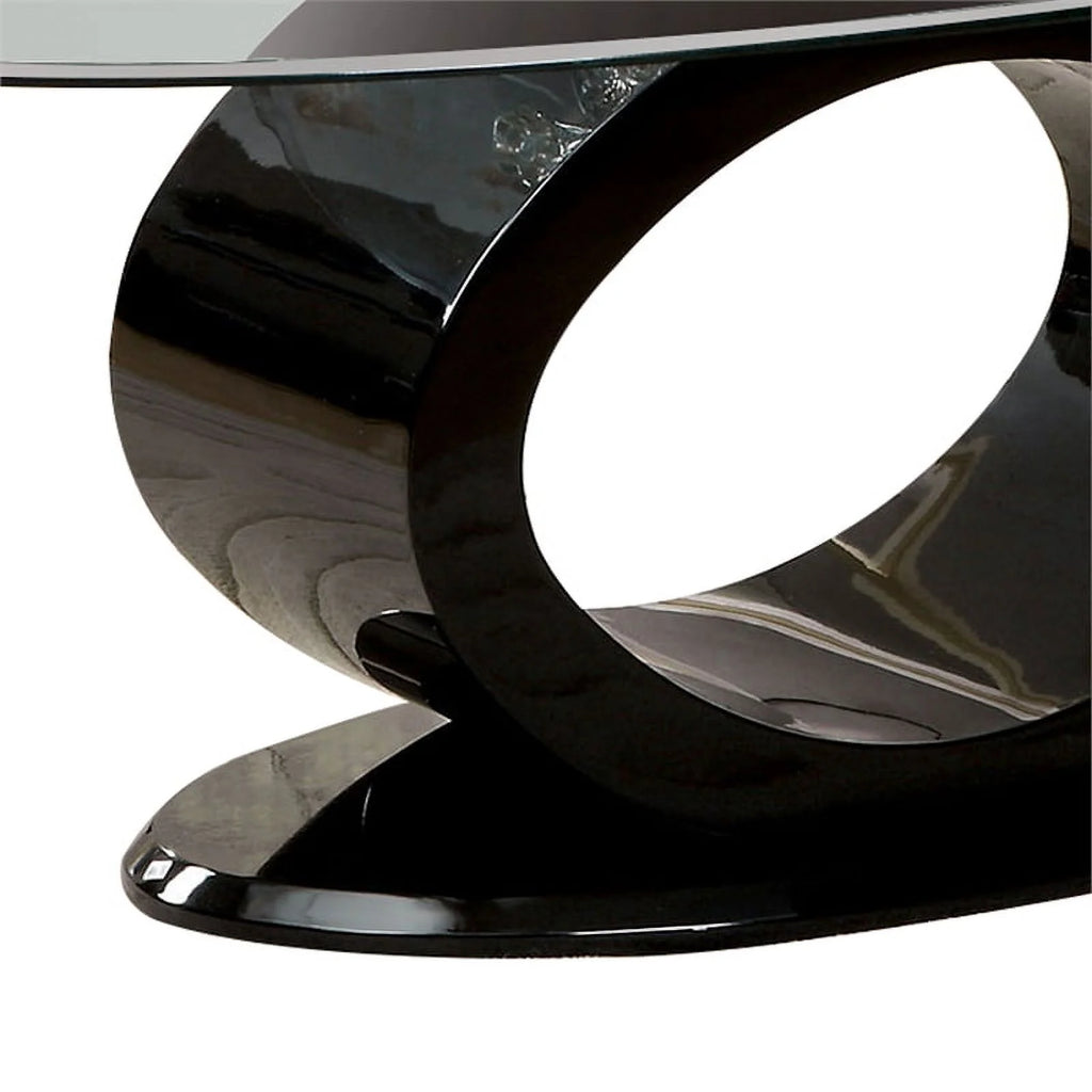 Contemporary Tempered Glass Top Coffee Table with O Shape Base, Black O596