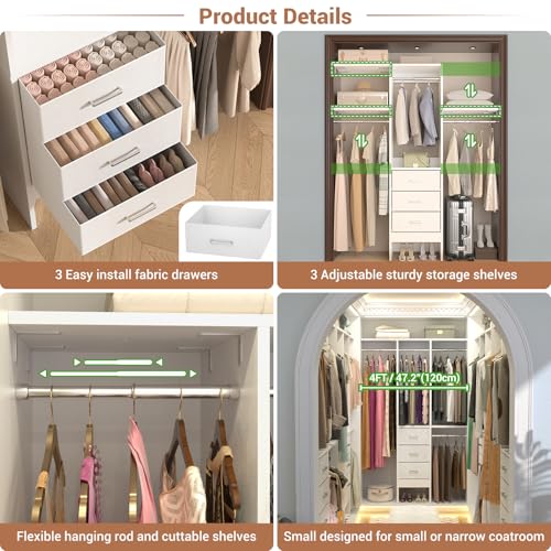 48" White Closet Organizer System with 3 Fabric Drawers and 3 Adjustable Shelves N3881