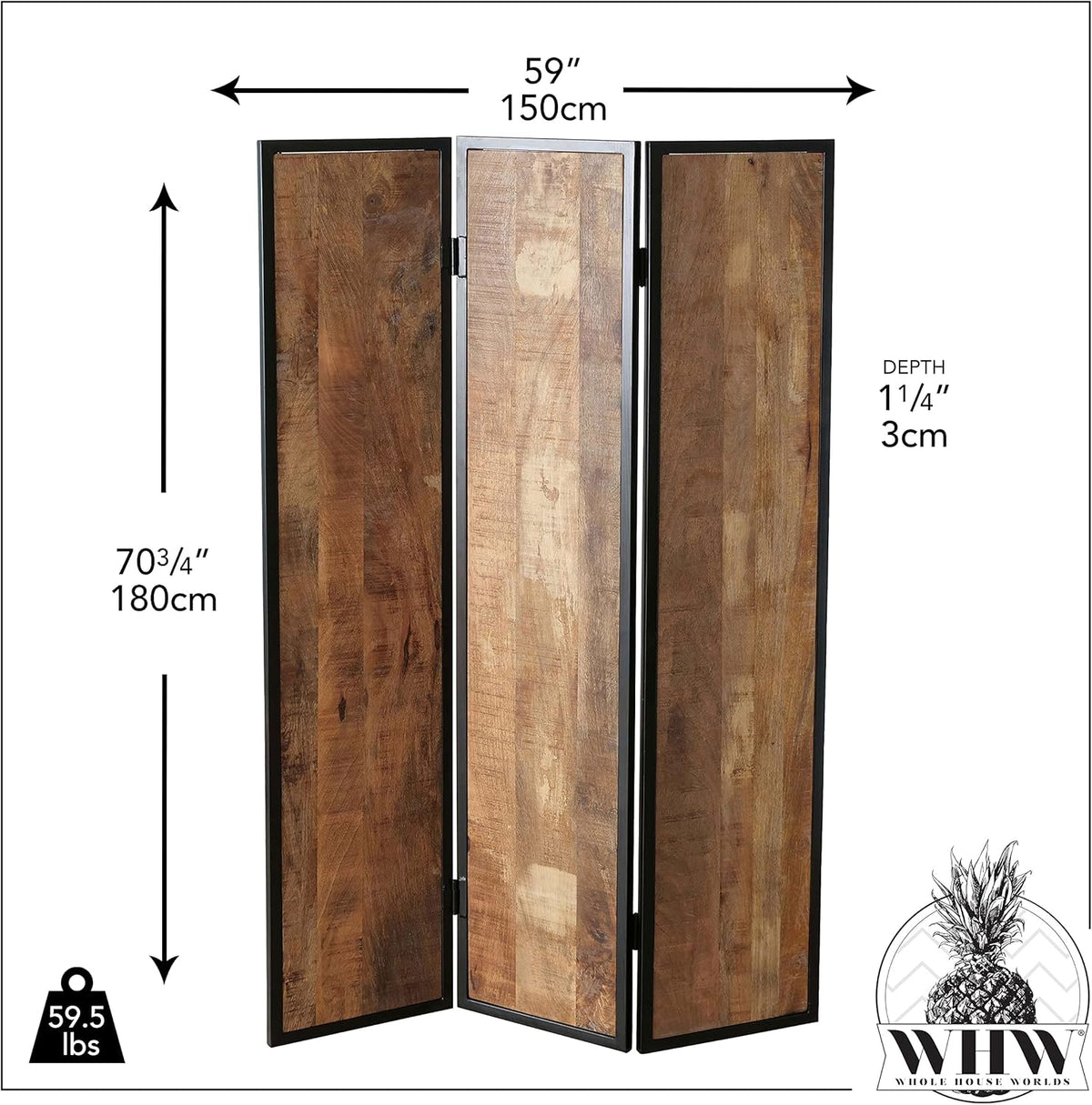 Iron Framed Mango Wood 3 Panel Room Divider P980