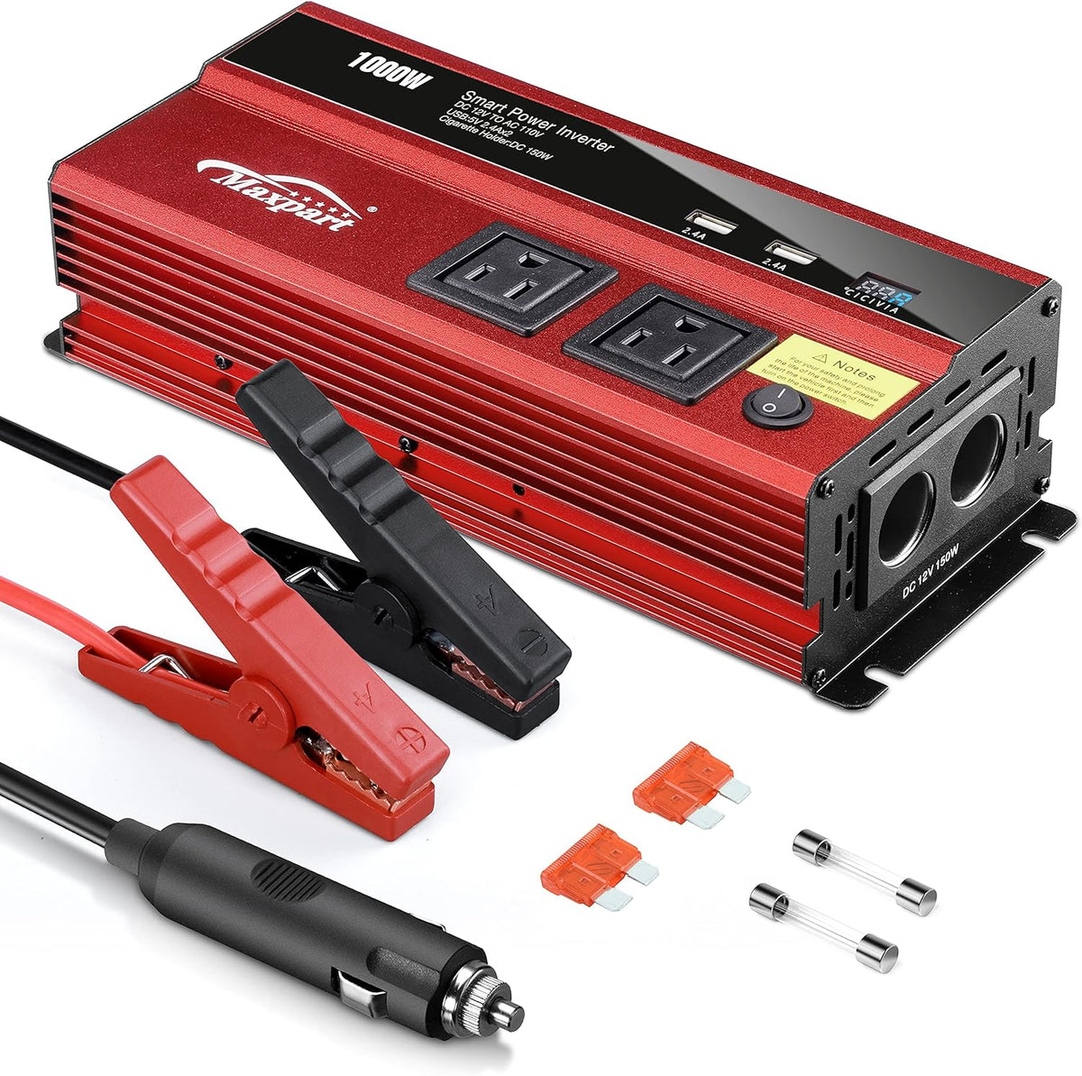 1000W Power Inverter 12v to 110v AC Dual AC Outlets 2.4A USB Pack of 2 T303