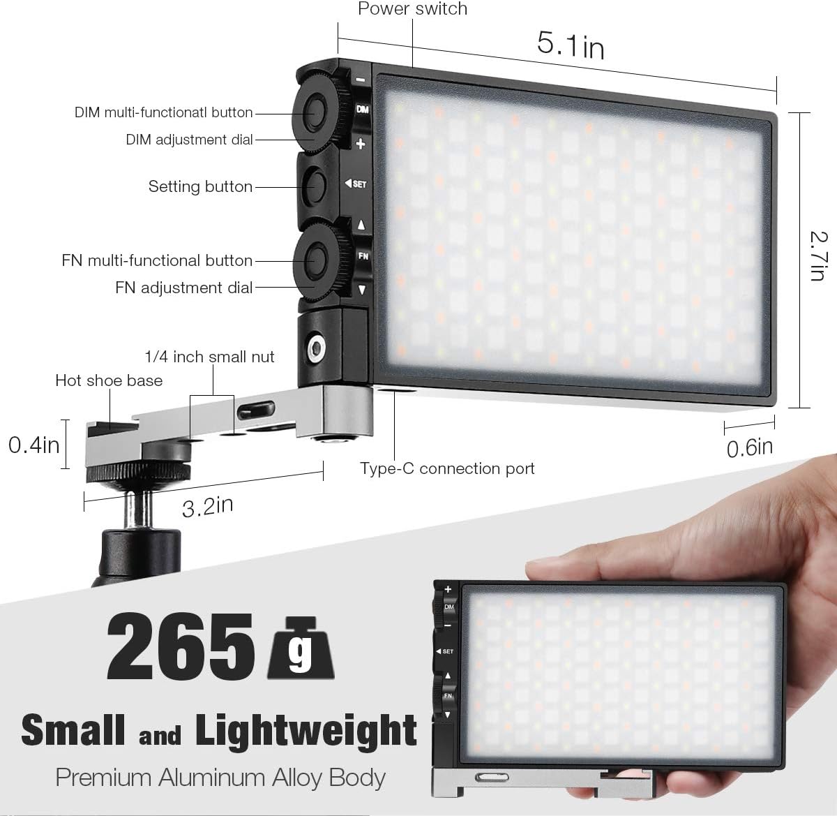 RGB Video Light 12W Rechargeable LED Camera Light 2500-8500K Aluminum Alloy Y919646