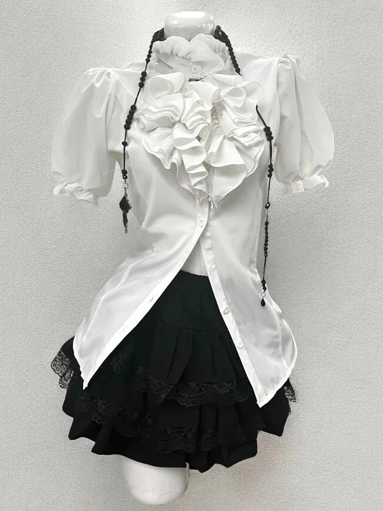 Vintage-Style Shirt, Vest & Mini Skirt Three-Piece Set T4673