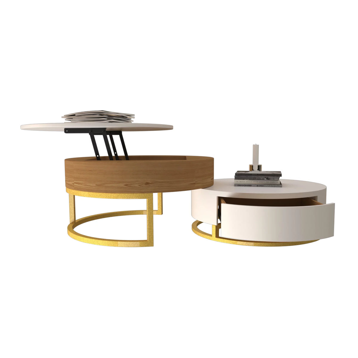 Round Lift-Top Coffee Table Set of 2 Brown White H317