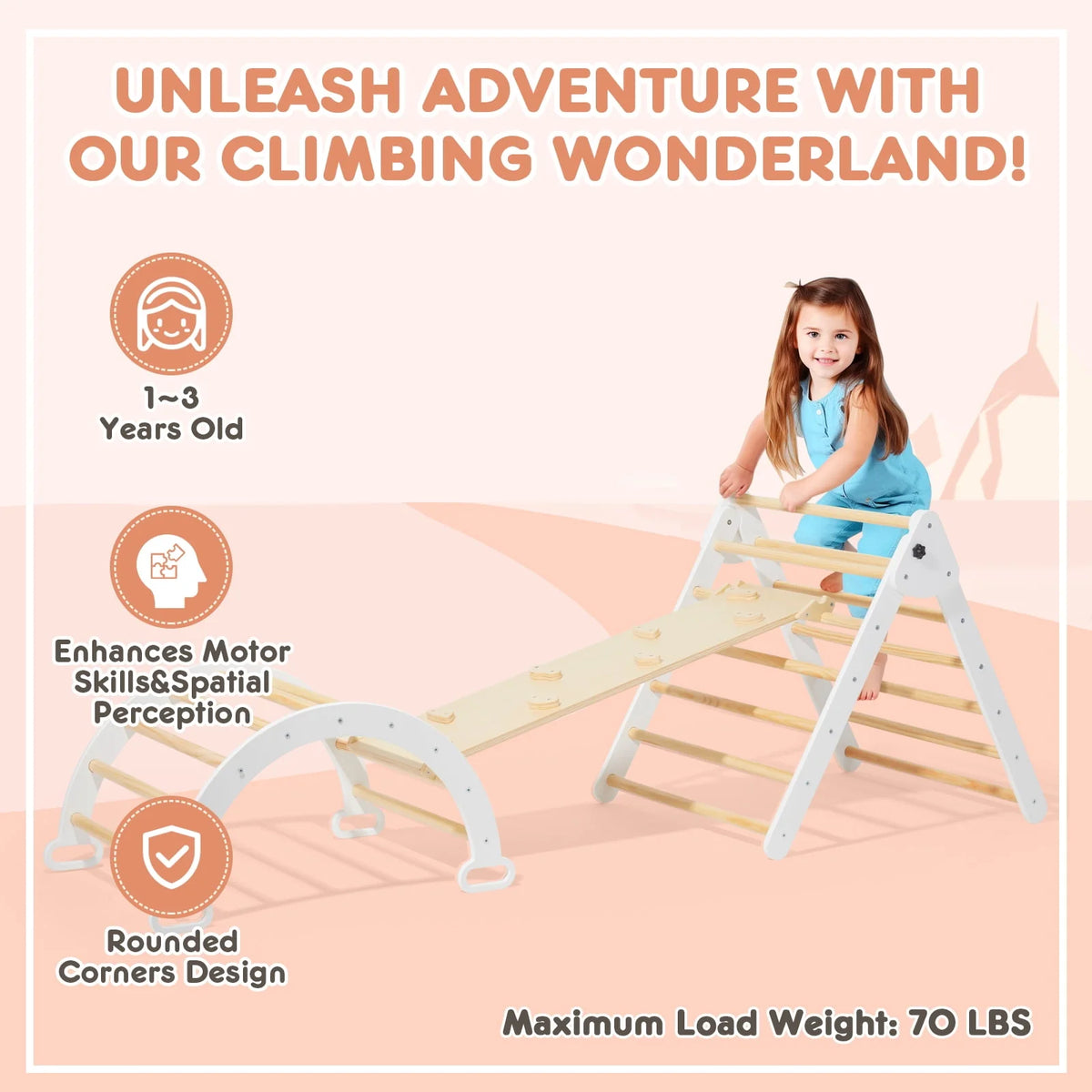 Foldable Wooden Climbing Triangle Arch with Ramp and Slide S7493