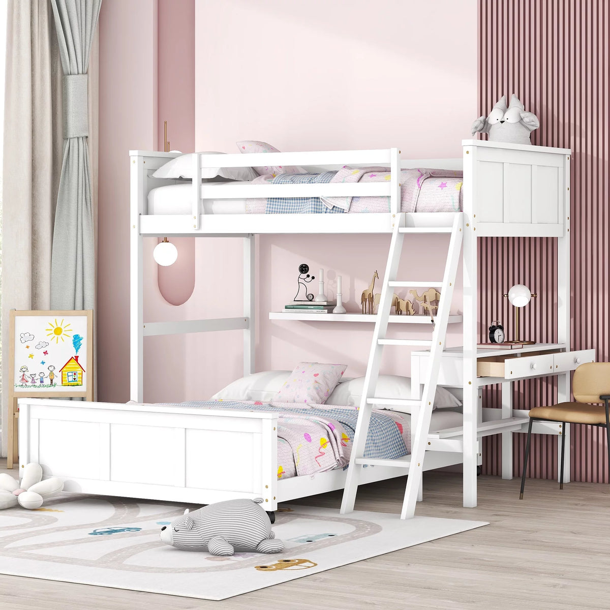 White Twin Over Full Wood Bunk Bed with Desk and Drawers B64418