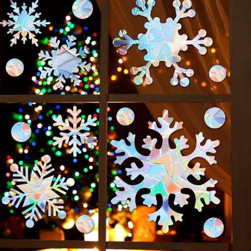 76 Pcs Extra Large Snowflake Window Clings 9.8 Inch Winter Iridescent Window Sticker Non Adhesive H4452