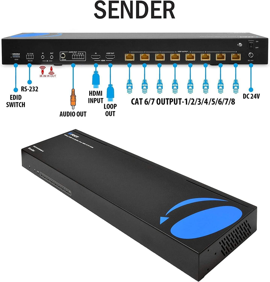 1x8 HDMI Extender Splitter HDBaseT 4K Over Single Cable CAT6/7 with IR Remote W885551