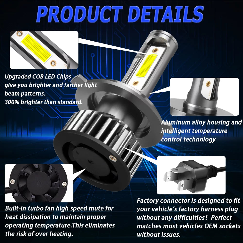 H4/9003 LED Headlight Bulbs 10000 Lumen 60W 6500K Cool White Pack of 2 A9352