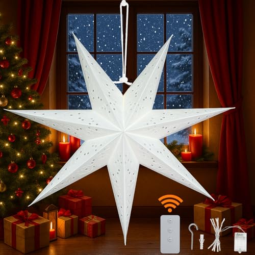 23" 7-Point Paper Star Lantern with LED Lights and Remote T42239