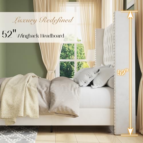 King Upholstered Bed Frame with Tall Headboard Wingback Platform Bed Tufted Deep Button Velvet Light Grey F73883
