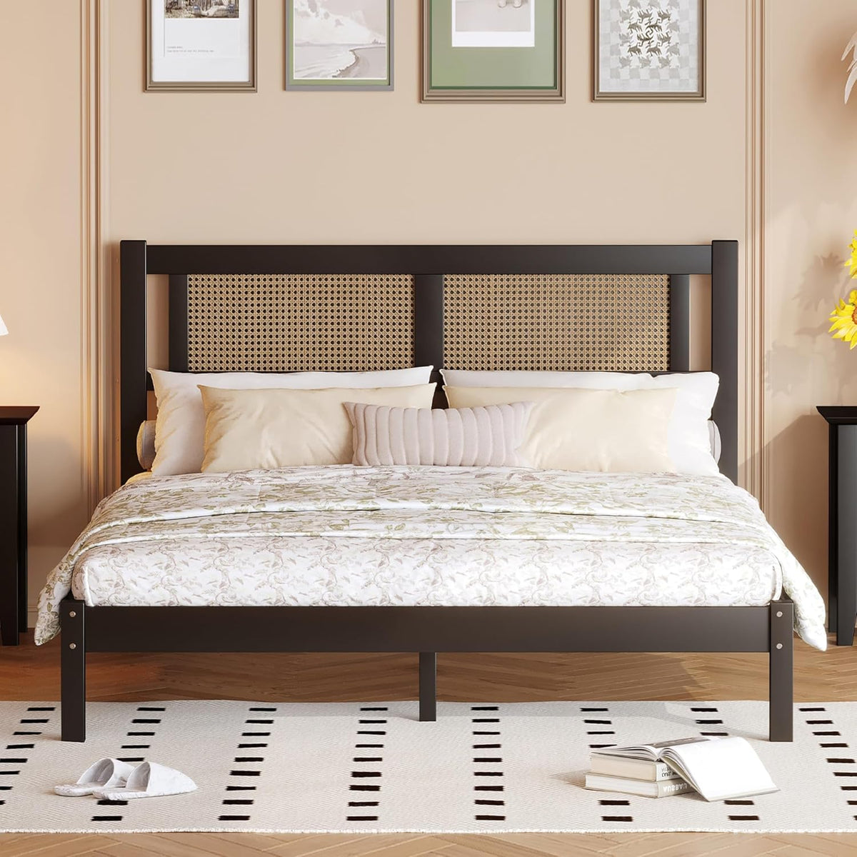 Queen Size Wooden Platform Bed with Natural Rattan Headboard, Black M77164