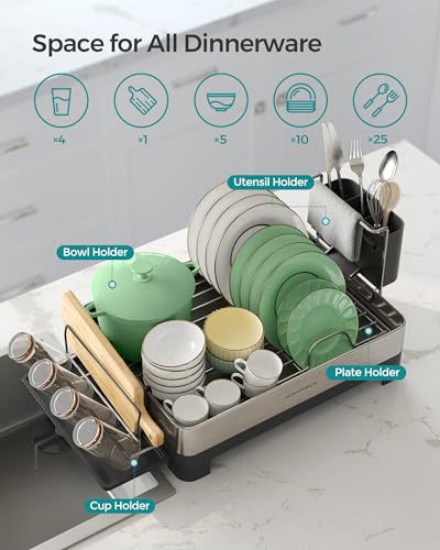 Large Stainless Steel Dish Drying Rack with Rotatable Spout, 12.5 x 22.5 in, Silver and Gray J285539