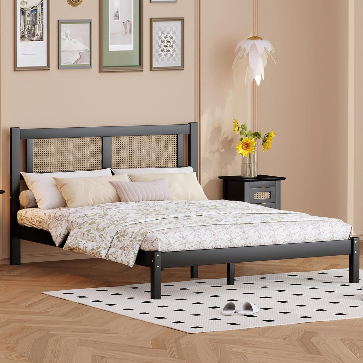 Queen Size Wooden Platform Bed with Natural Rattan Headboard, Black M77164