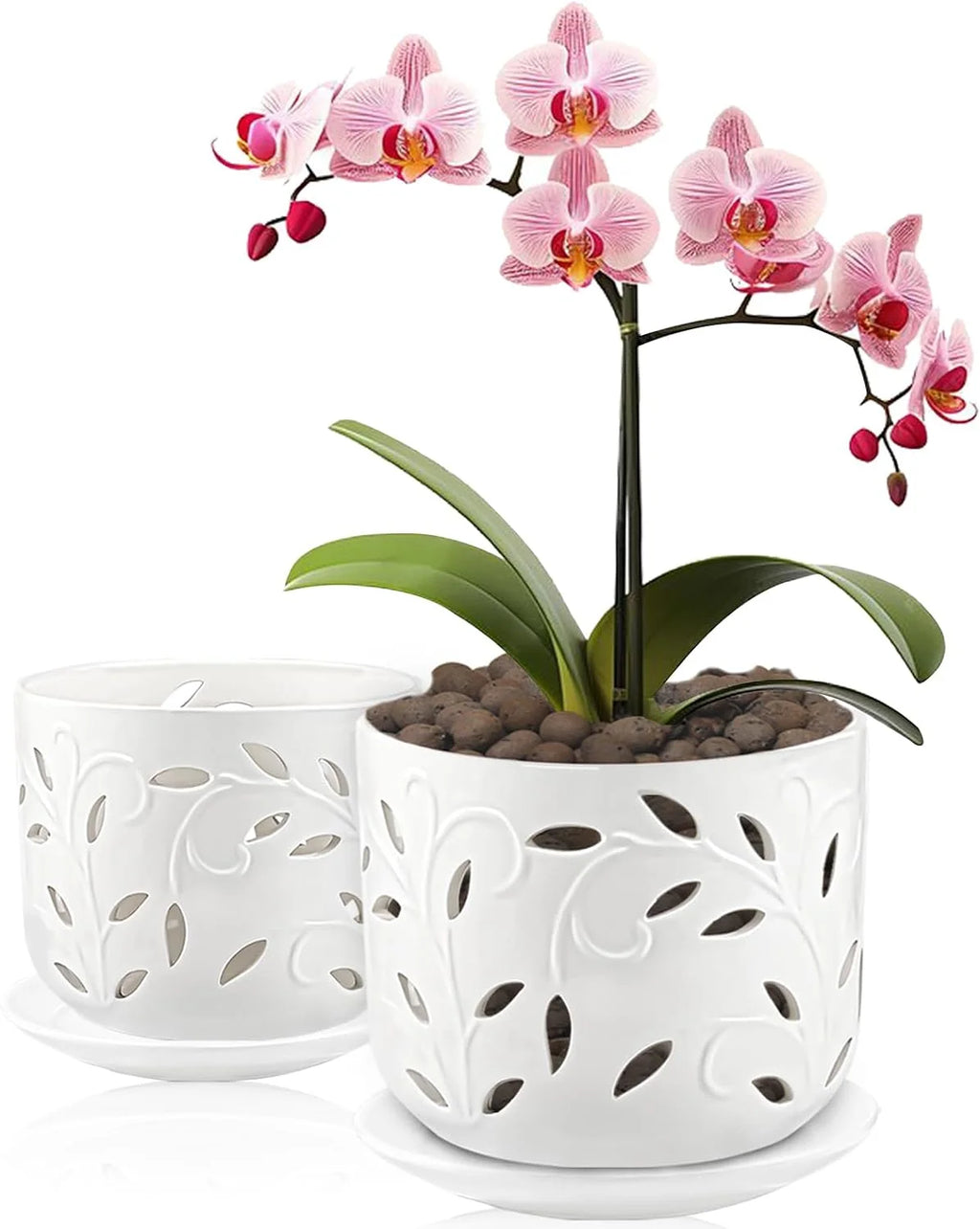 Set of 2 Ceramic Orchid Pots with Saucers, 5 inch & 6 inch G12102
