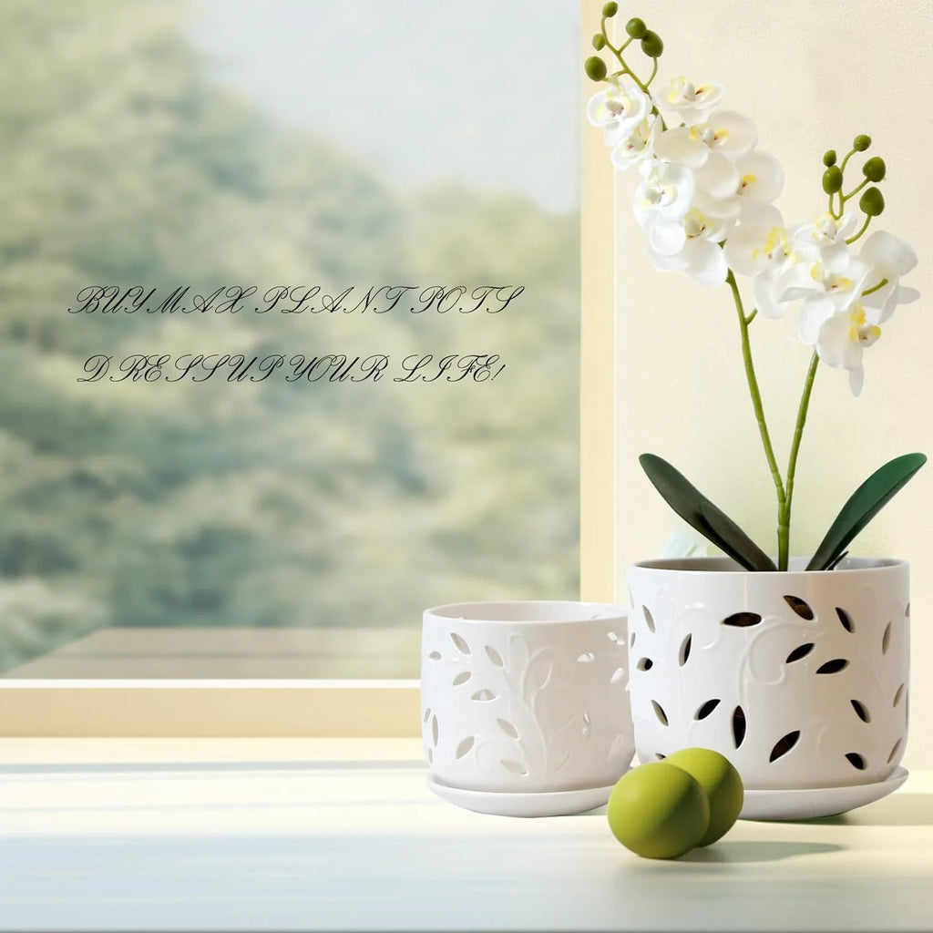 Set of 2 Ceramic Orchid Pots with Saucers, 5 inch & 6 inch G12102