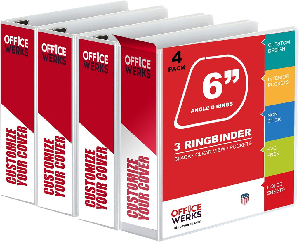 4 Pack 6 Inch Capacity D Ring Binder with Pockets White M9866