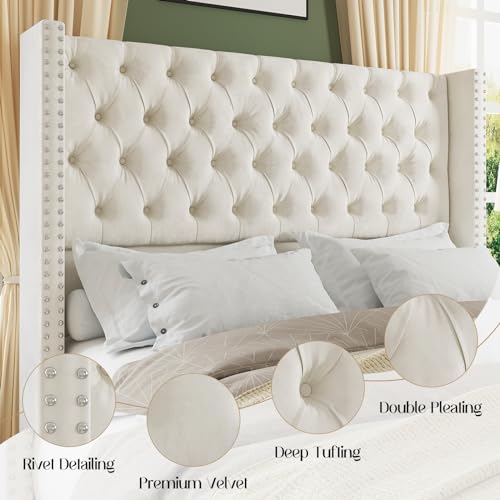 King Upholstered Bed Frame with Tall Headboard Wingback Platform Bed Tufted Deep Button Velvet Light Grey F73883