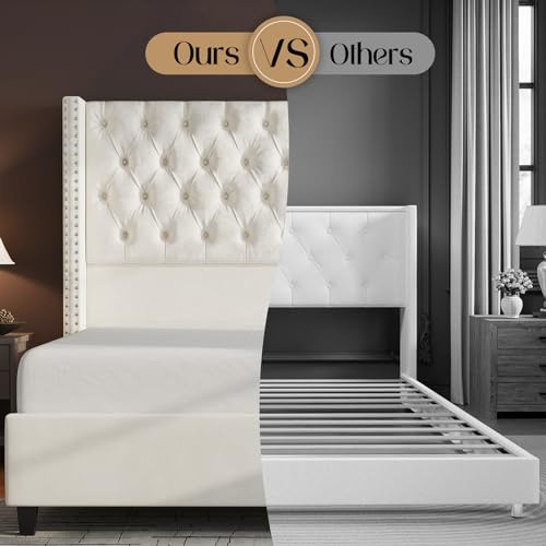 King Upholstered Bed Frame with Tall Headboard Wingback Platform Bed Tufted Deep Button Velvet Light Grey F73883