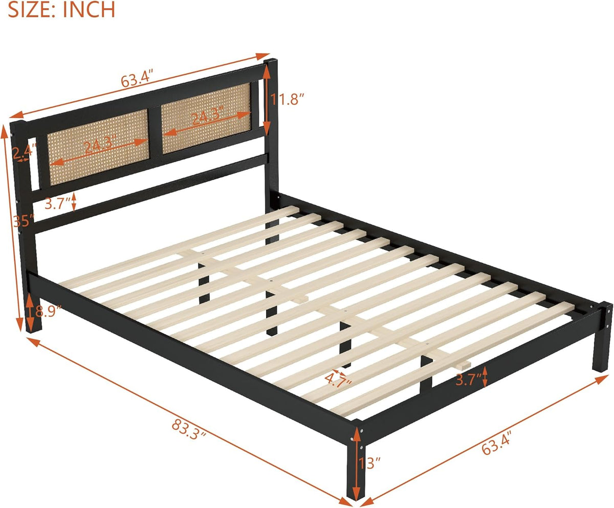 Queen Size Wooden Platform Bed with Natural Rattan Headboard, Black M77164