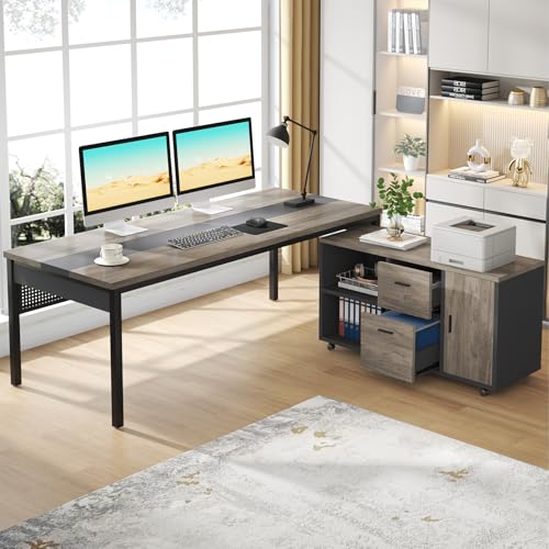 70.8" L-Shaped Computer Desk and File Cabinet Combo with Drawers and Shelves C13859