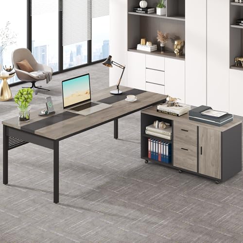 70.8" L-Shaped Computer Desk and File Cabinet Combo with Drawers and Shelves C13859