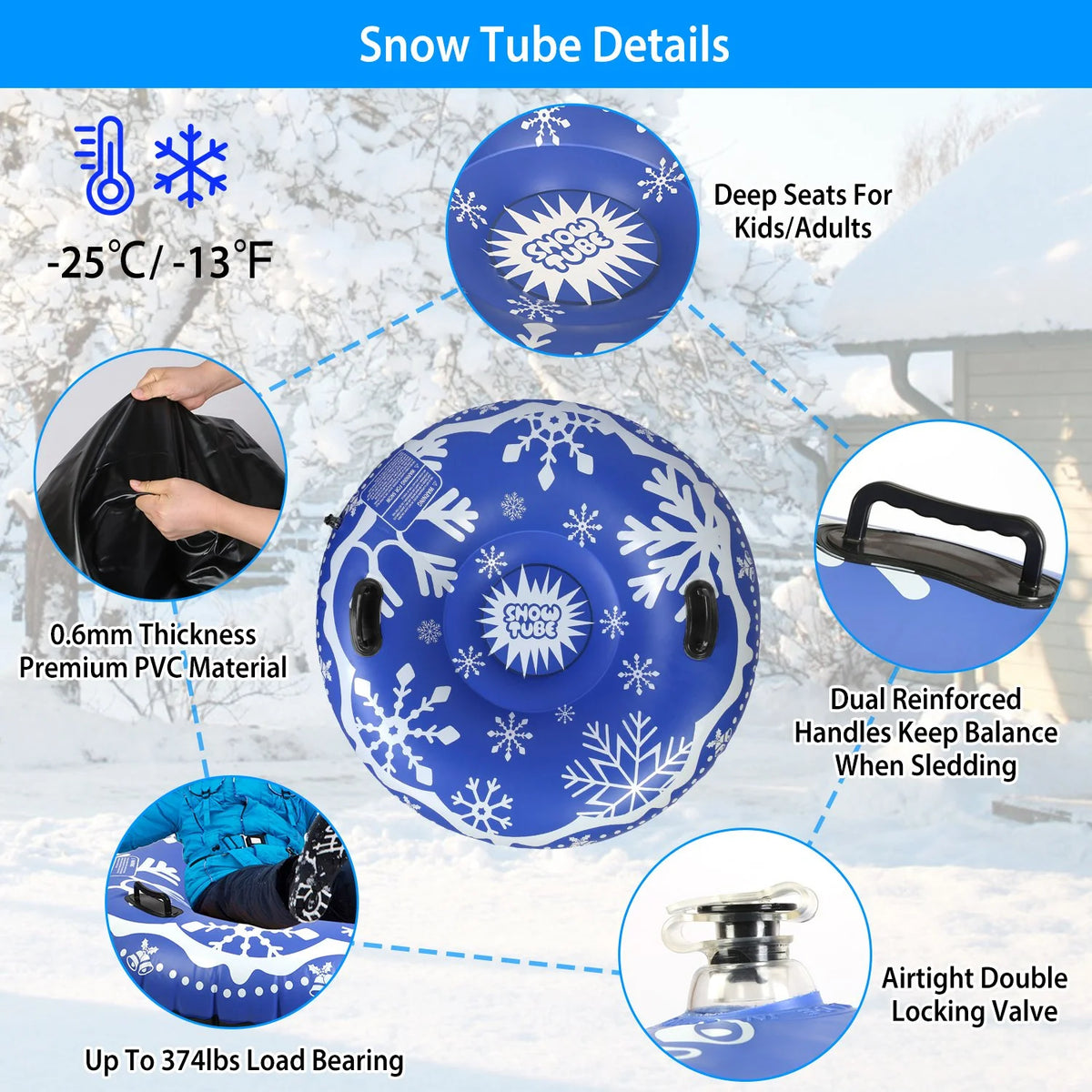 Blue Inflatable Snow Tube with Dual Handles I65071