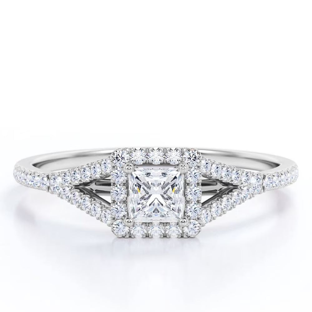 18K White Gold over Silver Princess Cut Diamond Halo Engagement Ring N2621