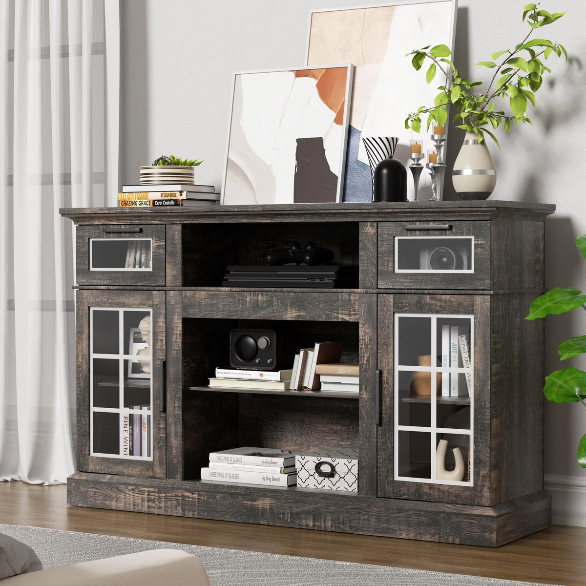 TV Stand with Glass Door & Drawer, 58 in Dark Rustic Oak B6933