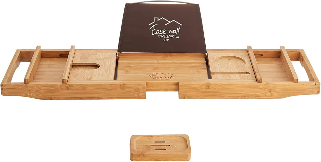 Bamboo Bathtub Caddy Tray with Book Holder and Soap Dish, Extendable, Natural, Pack of 2 H744
