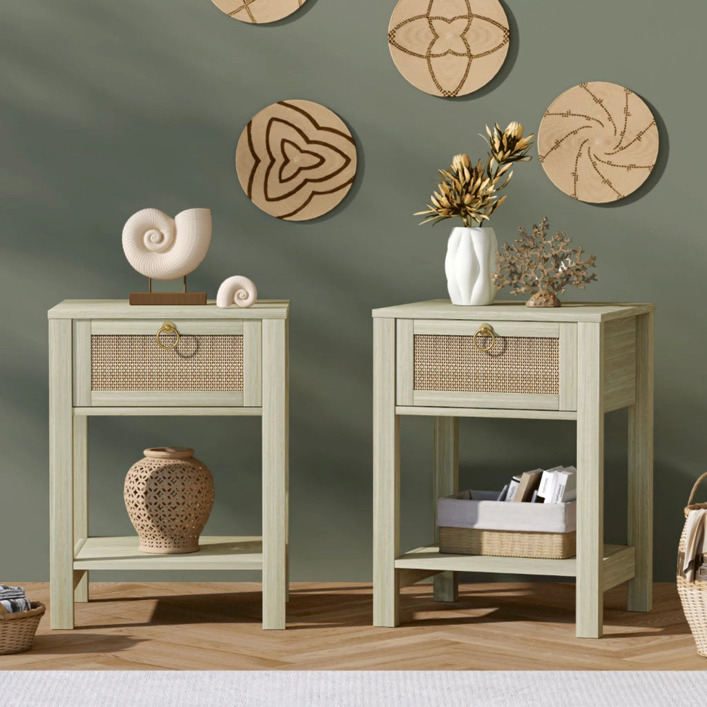 White Nightstand Set of 2 with Rattan Drawer and Open Storage Shelf I32611
