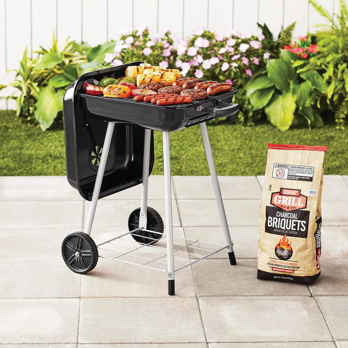 Square Steel Charcoal Grill with Wheels, Black T58787