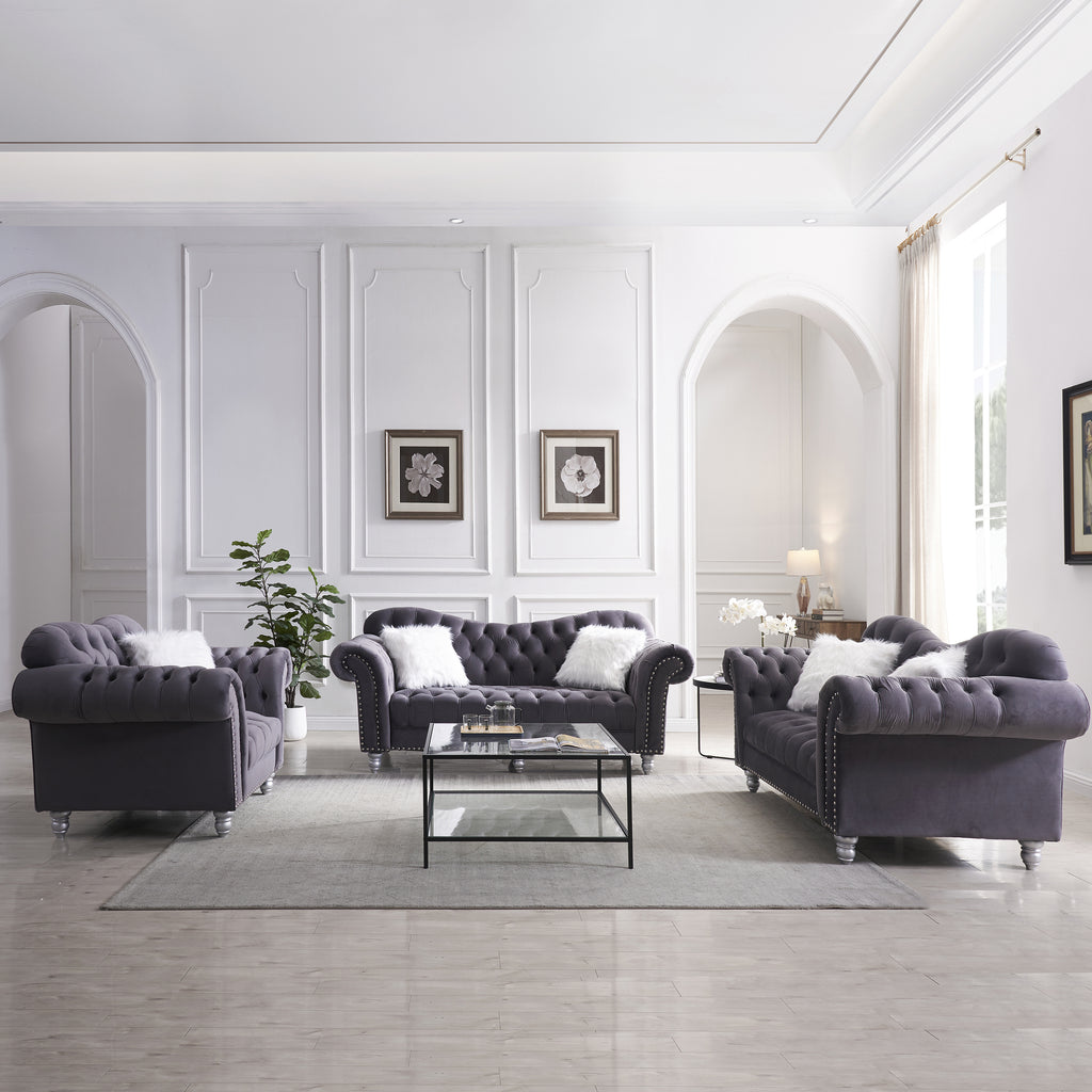3-Piece Sofa Set with Button and Copper Nail Detailing X7291
