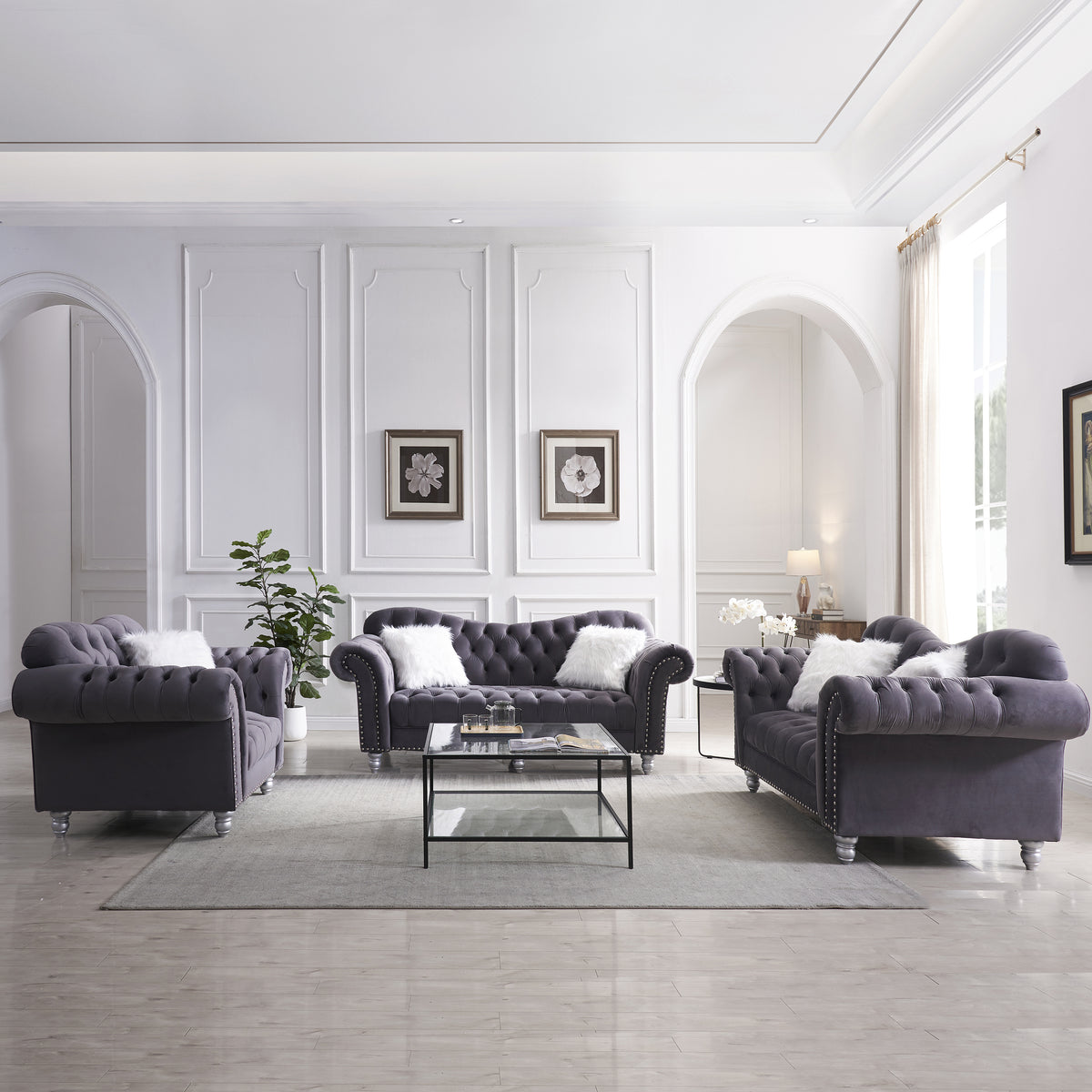 3-Piece Sofa Set with Button and Copper Nail Detailing X7291