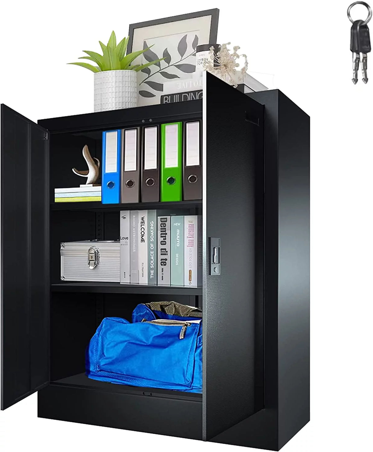 42-Inch Black Lockable Metal Storage Cabinet with Doors & 2 Adjustable Shelves L72496